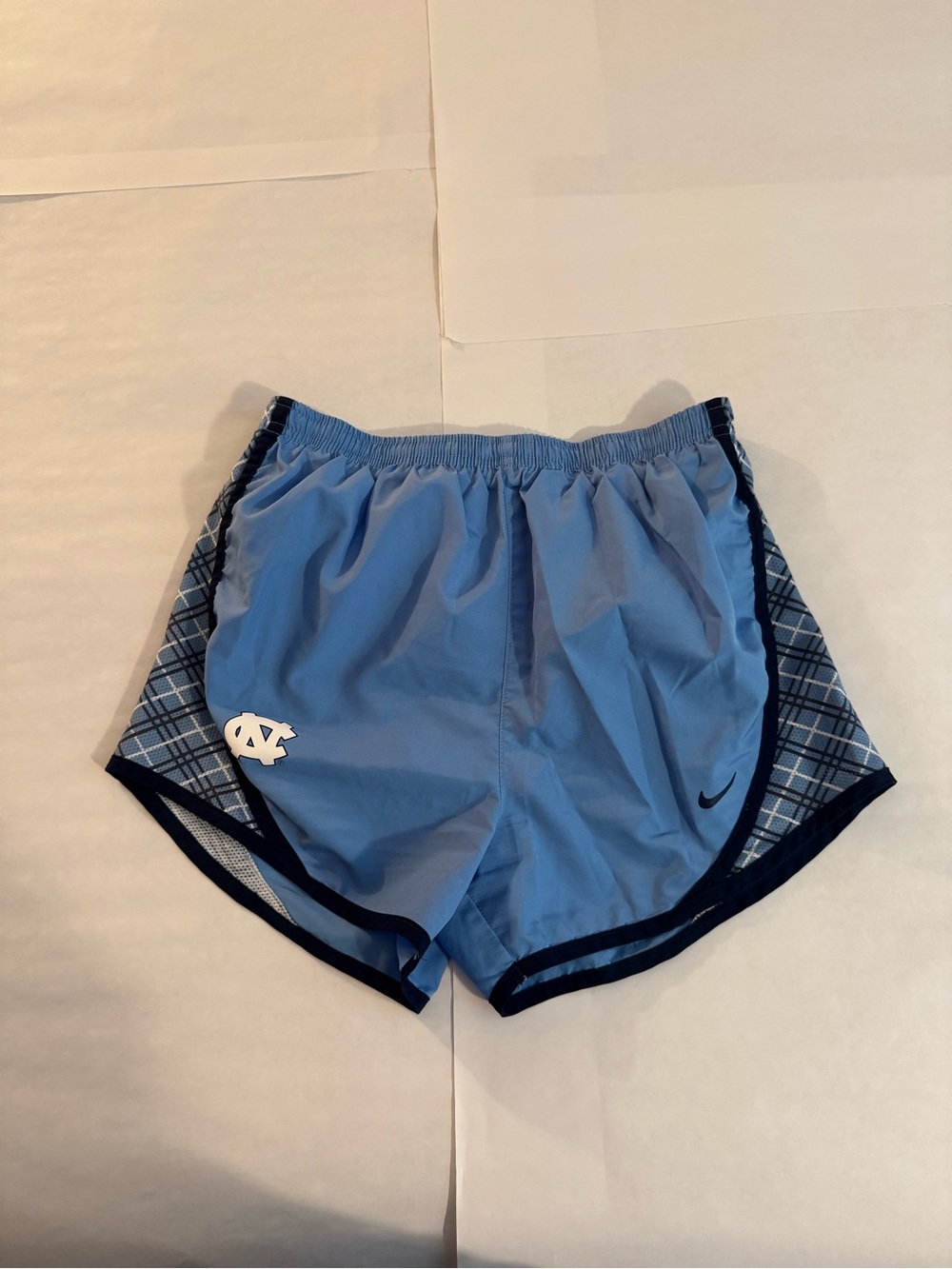 Nike Women's Carolina Blue Athletic Shorts with Plaid Side Panels
